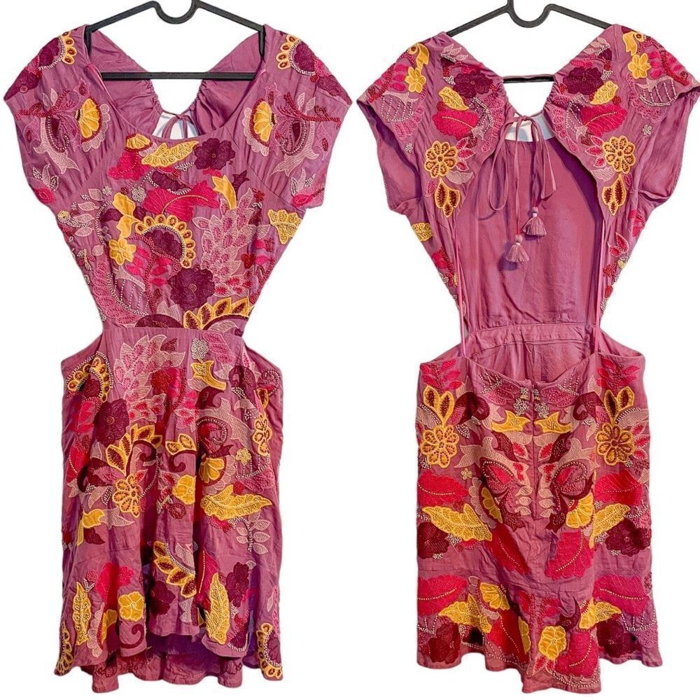 Anthropologie Maeve Embroidered Beaded Mini Dress Pink - Picture 10 of 11